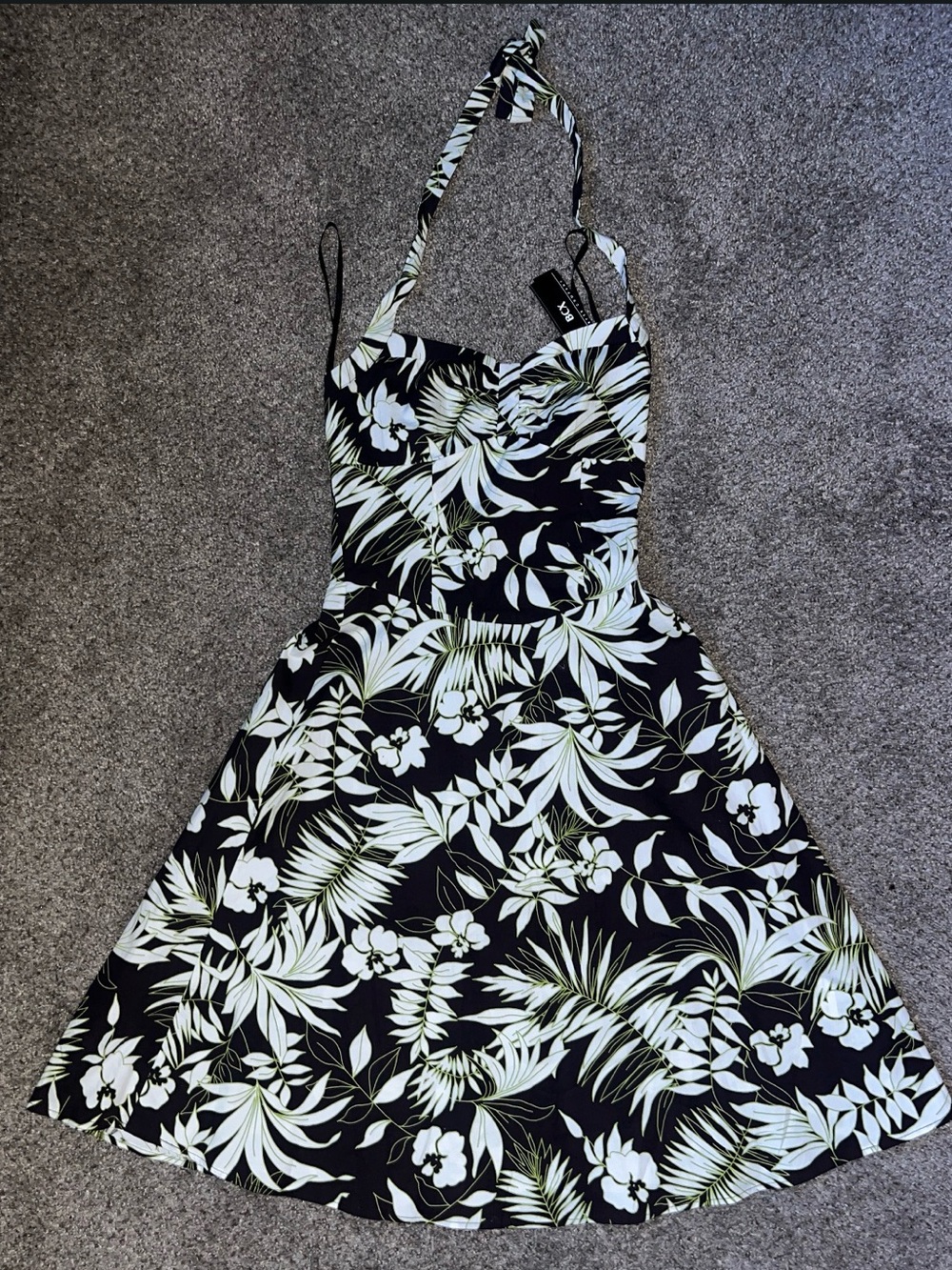 BCX Tropical Floral Dress with White and Green Leaf Print